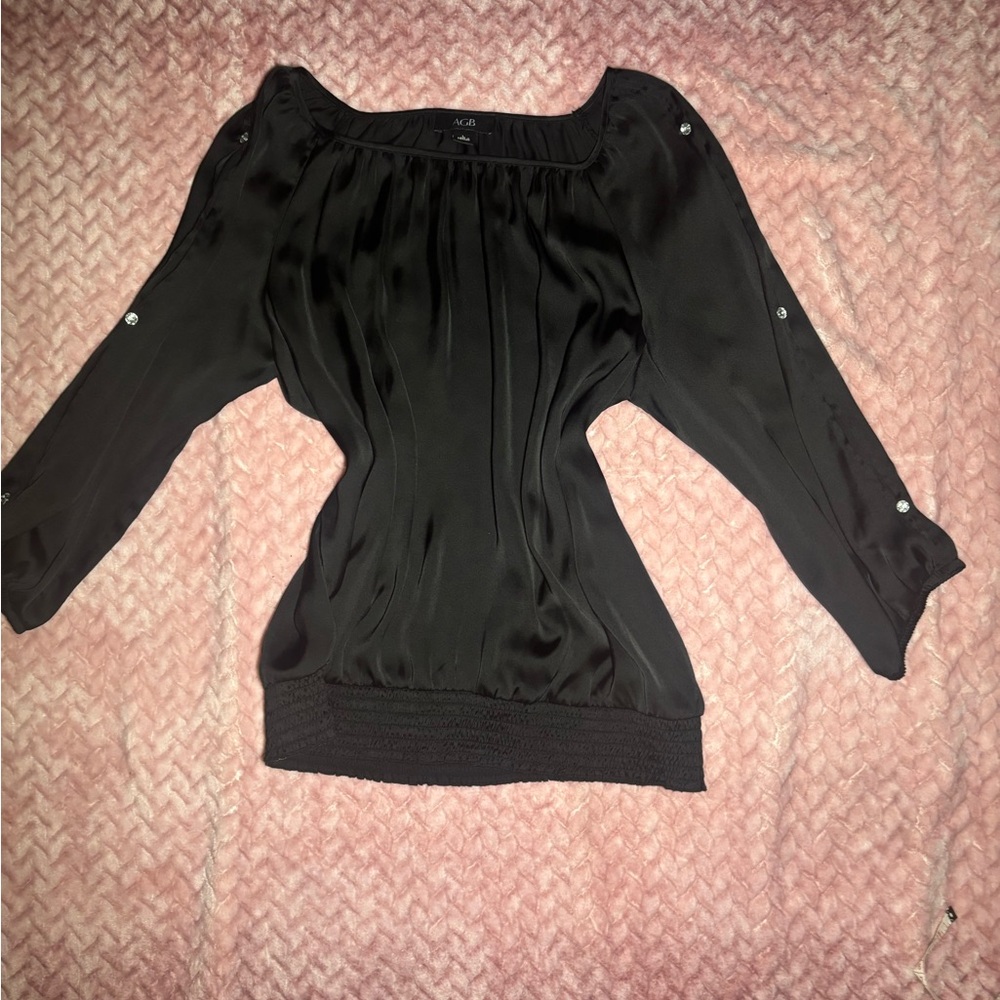 Black Satin Blouse with Rhinestone Button Details
